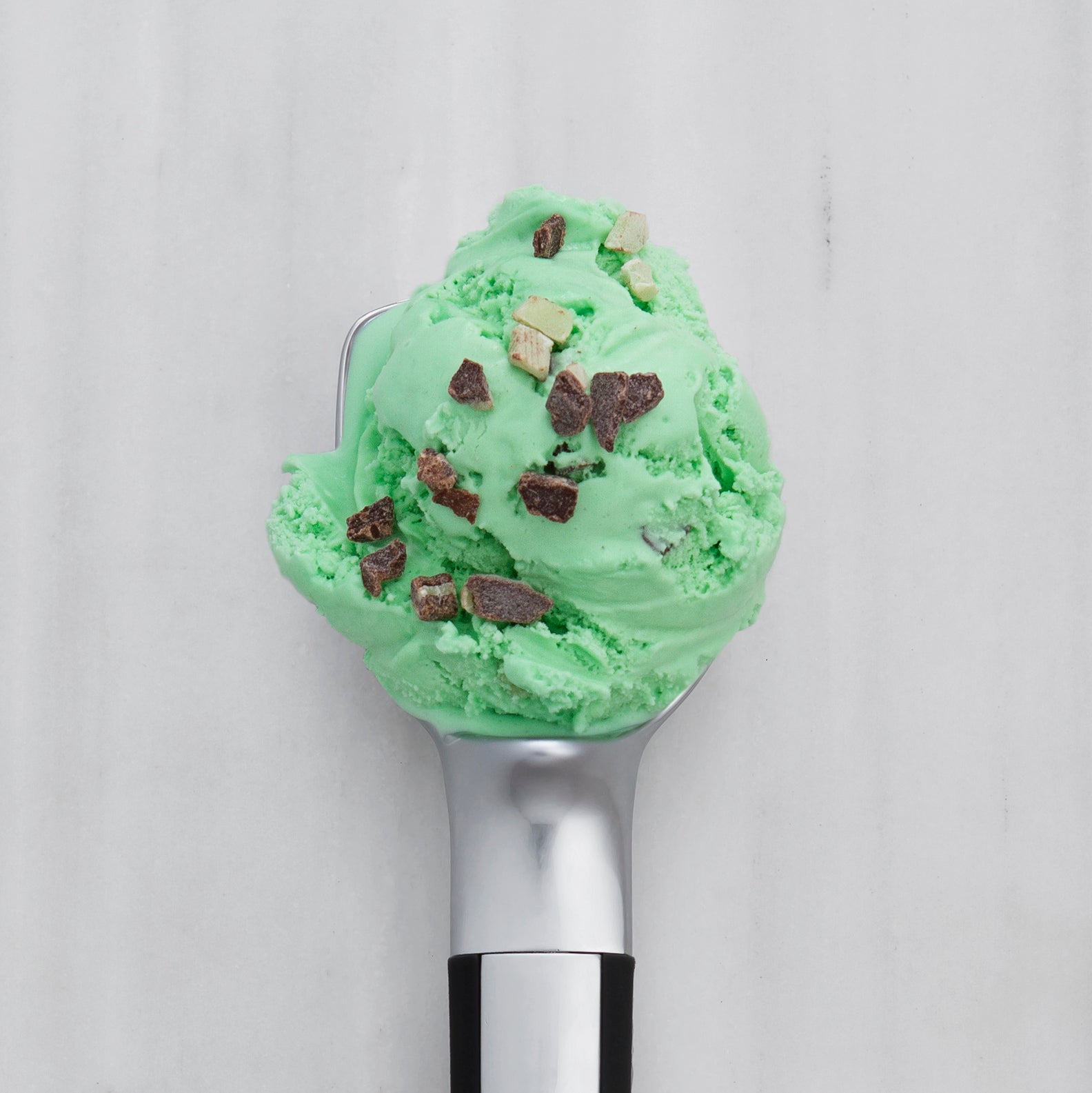 Mint Chocolate chips  in a silver scoop on a light gray background
