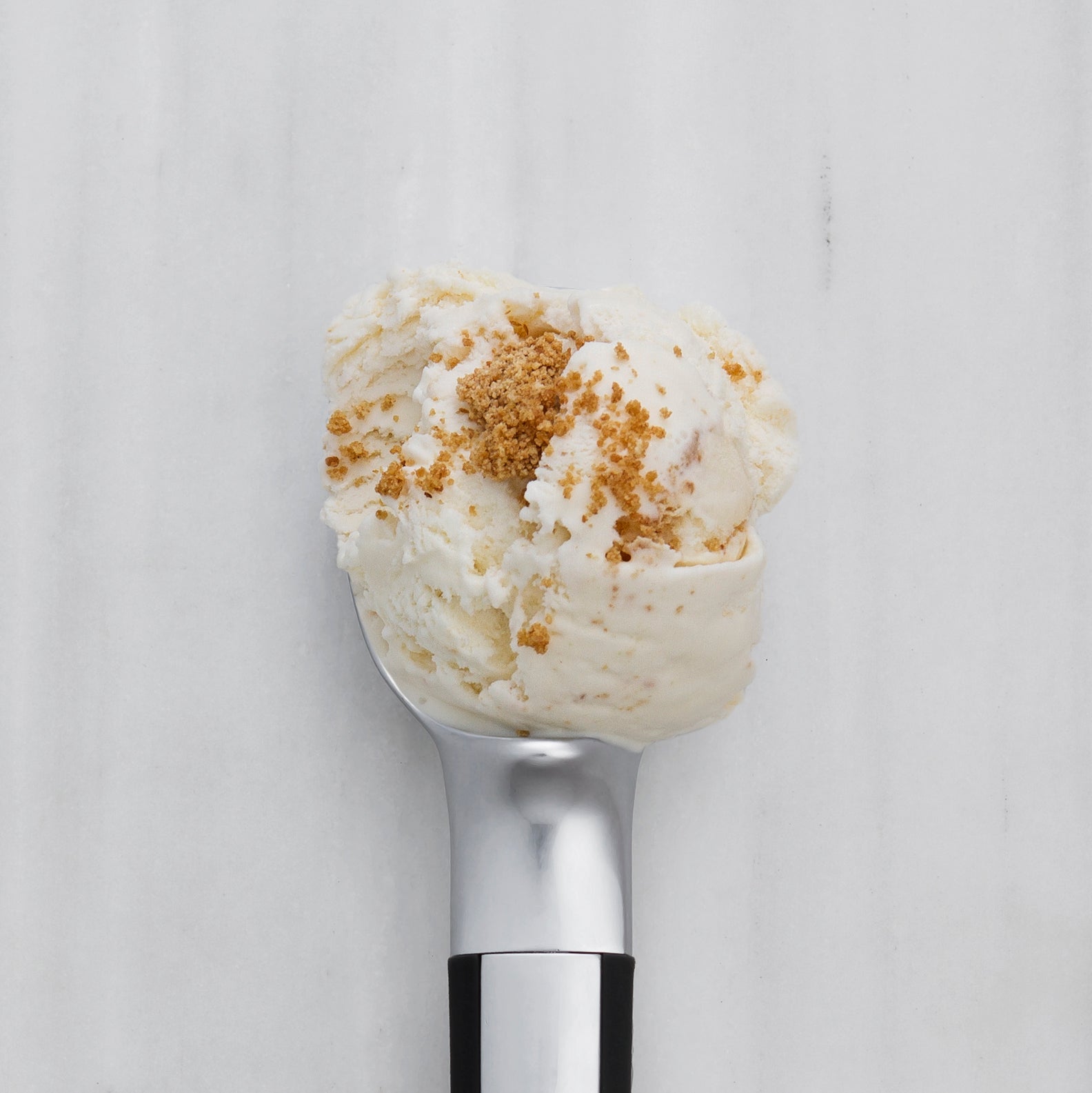 Ice cream scoop with vanilla ice cream and cookie crumb toppings 