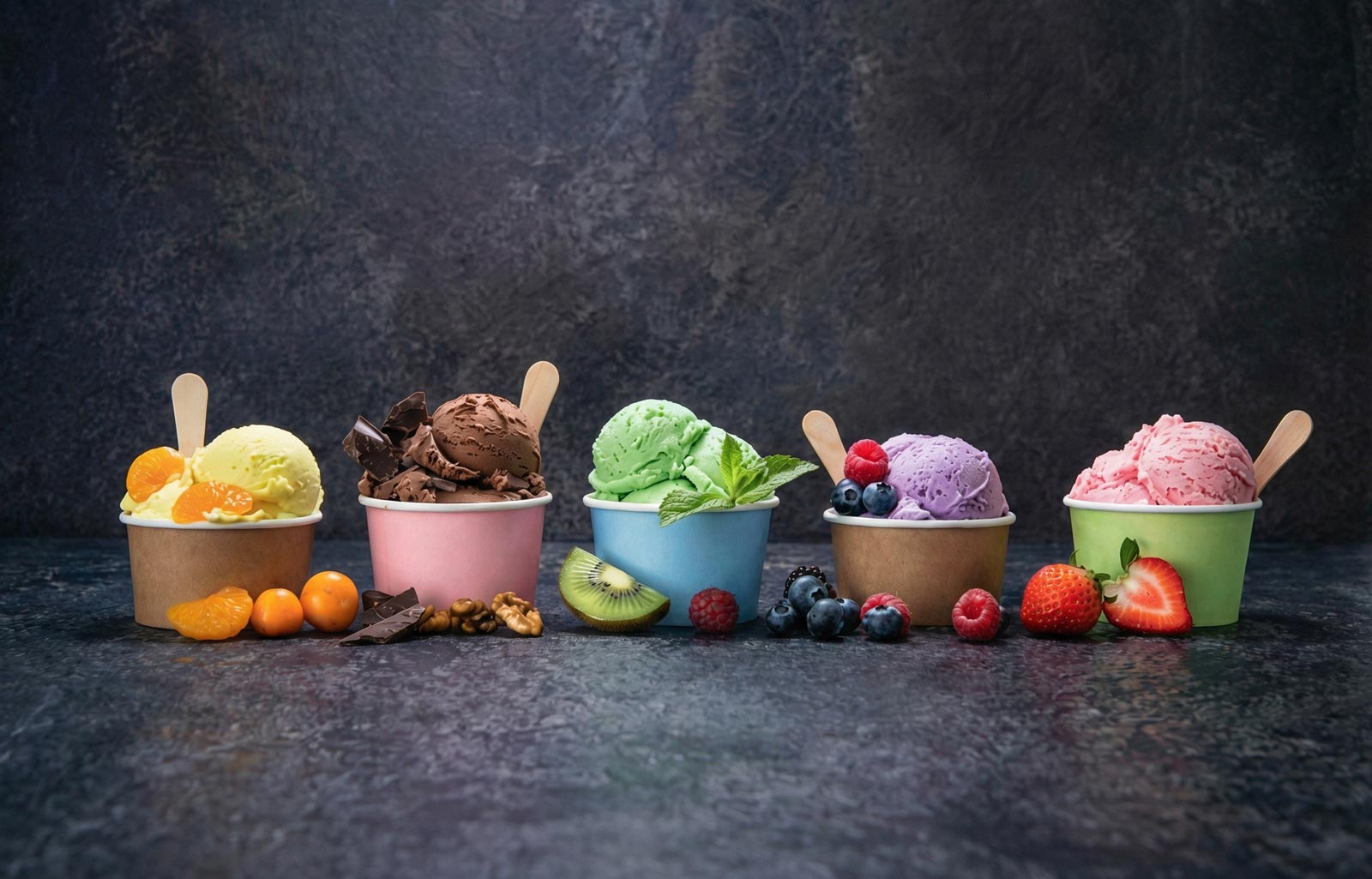 Colorful ice cream scoops in paper cups with fresh fruit toppings